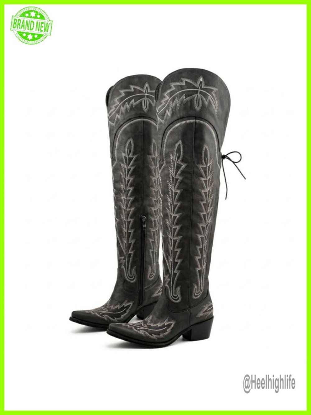 Womens Thigh High Faux Leather Cowboy Boots Chunky Heel Wide Calf Western
